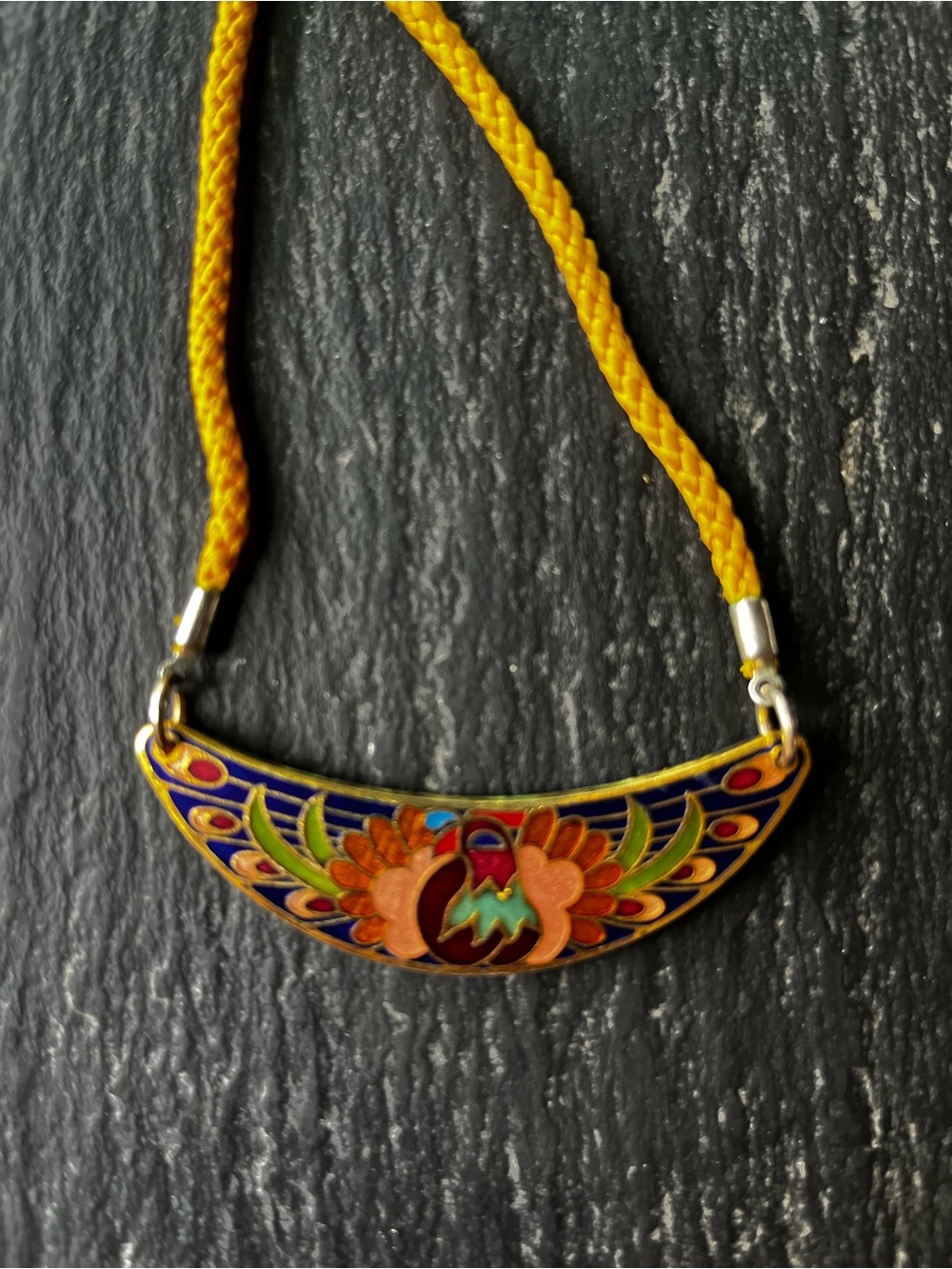 Cloisonné Crescent Choker Necklace with Silk Cord and Multicolor Floral Motif